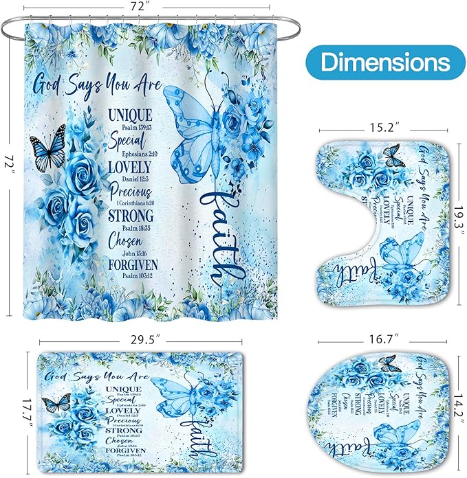 Litabel 4 Pcs Blue Butterfly Inspirational Quotes Shower Curtain Set with Rugs and Toilet Lid Cover, Colorful Boho Waterproof Fabric Bathroom Set, Bible Verse Floral Bathroom Decor Set Accessories
