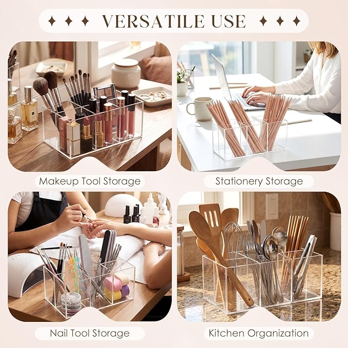 Zhehao 2 Pack Clear Acrylic Makeup Brush Holder Organizer, 6-slot Cosmetic Storage Organizer Pencil Holder for Vanity, Countertop & Desk, Transparent Makeup Brush Stand for Brushes, Lipsticks & Pens