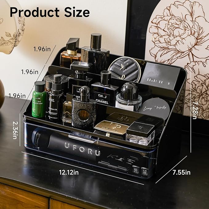3-Tier Perfume and Cologne Organizer Stand with Large Detachable Drawer, Makeup Organizer for Vanity, Display Riser Plastic Storage Shelf, Bathroom, Office, Black