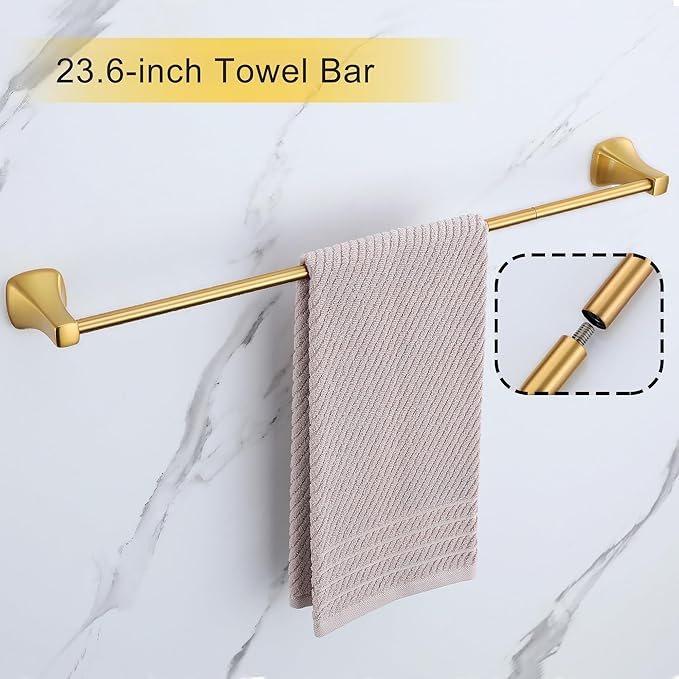 Brushed Gold Bathroom Hardware Set 4 Piece Gold Bathroom Accessories Set, 23.6 inch Bath Towel Bar Set | Towel Hook | Toilet Paper Holder | Hand Towel Holder