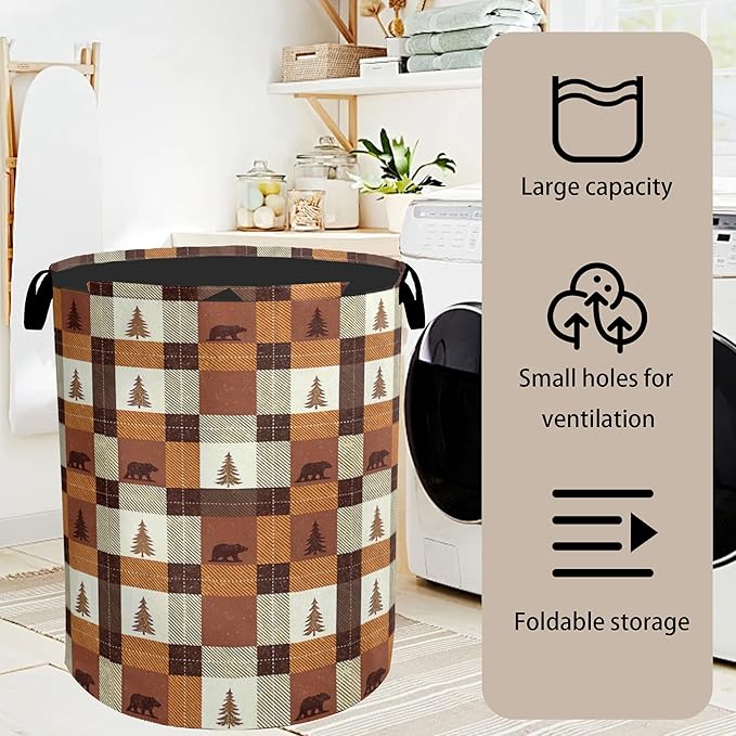 Forest Cabin Bear Laundry Basket with Handles - Extra Large Foldable Hamper for Bathroom/Laundry/Bedroom/Dorm, Washable Fabric Storage Bin