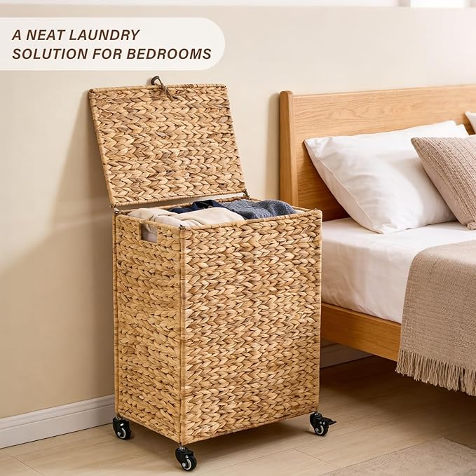 Hand-Woven Laundry Basket with Wheels, Natural Water Hyacinth Laundry Hamper with Lid, Removable & Machine-Washable Liner,Clothes Hamper for Bathroom and Laundry Room(90L,Natural)