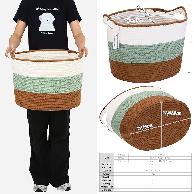 Sea Team Oval Large Cotton Rope Woven Storage Basket with Handles, Diaper Caddy, Baby Shower Basket, Nursery Nappies, Clothes Toys Organizer for Kid's Room, 16 x 13 inches, Green & Brown