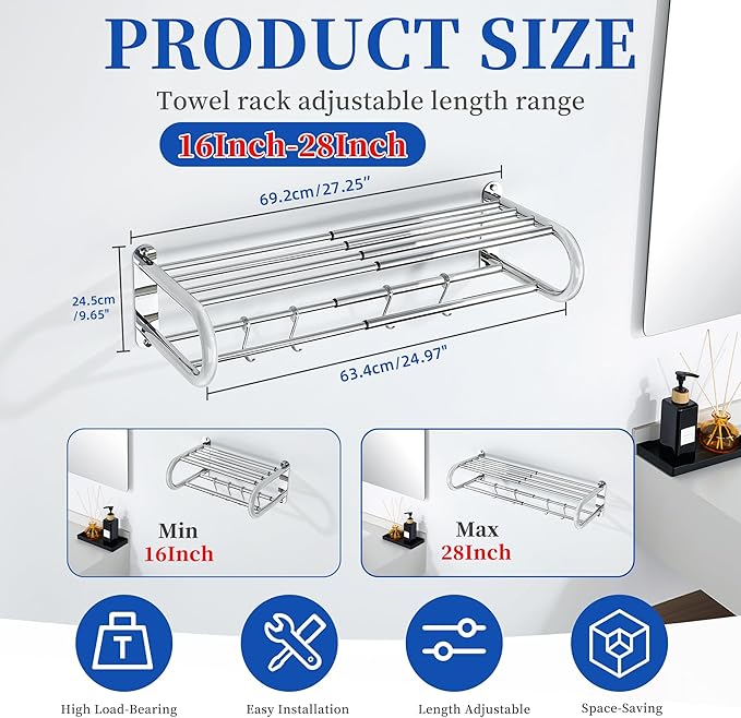 Alise Adjustable 16-28 Inches Double Towel Rack for Bathroom,Wall Mount Double Towel Racks,SUS304 Stainless Steel Towel Holder,Retractable Towel Shelf with 2 Towel Bars 4 Movable Hooks,Chrome
