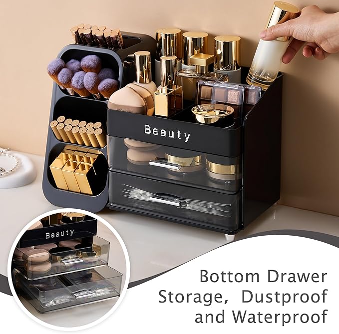 Makeup Organizer for Vanity with Brush Holder, Countertop Makeup organizer with Drawers for Skincare, Cosmetics, Perfumes, Eyeshadow Palettes, Spacious Cosmetic storage organizer