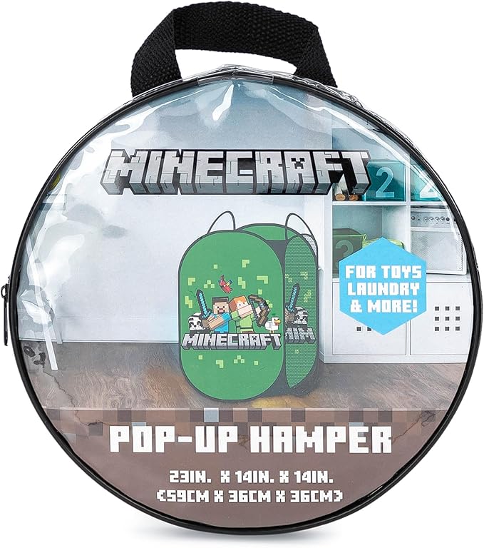 Jay Franco Minecraft Pop Up Laundry Hamper for Boys - Foldable Mesh Dirty Clothes Basket with Durable Handles, Kids Toy Storage Bin for Bedroom, 22" x 14"