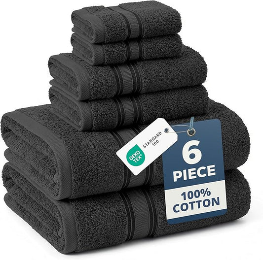 LANE LINEN Luxury Bath Towels Set - 6 Piece Set, 100% Cotton Bathroom Towels, Zero Twist, Quick Dry Shower Towels, Absorbent Bath Towel, Super Soft, 2 Bath Towels, 2 Hand Towels, 2 Wash Cloths - Black