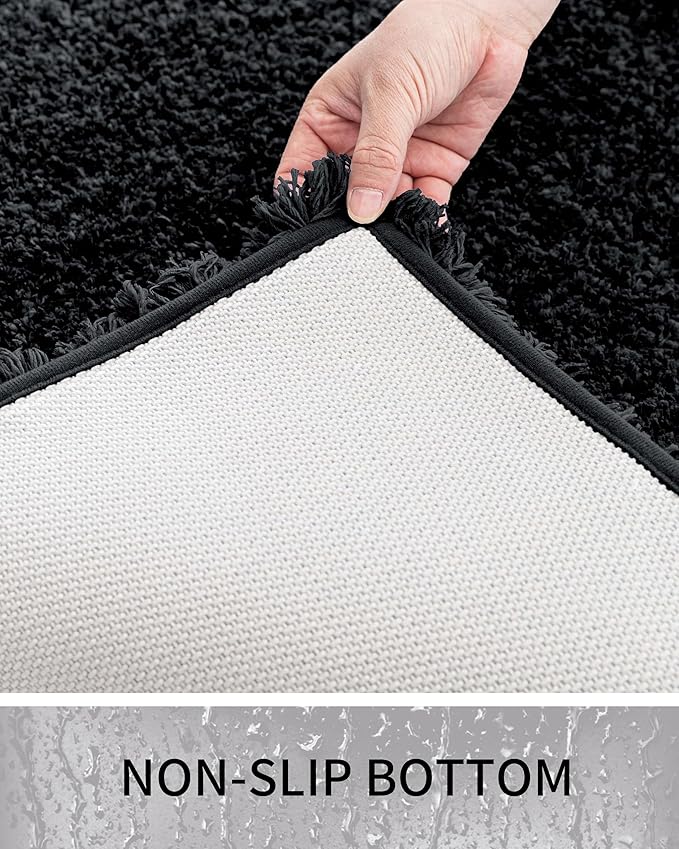 Bathroom Rugs Non Slip Washable, Ultra Thick Soft Microfiber Absorbent Bath Mats, High Density Foam Latex Non Slip Backing Bath Rugs, Fluffy Floor Carpet for Tub&Shower 24x17, Black