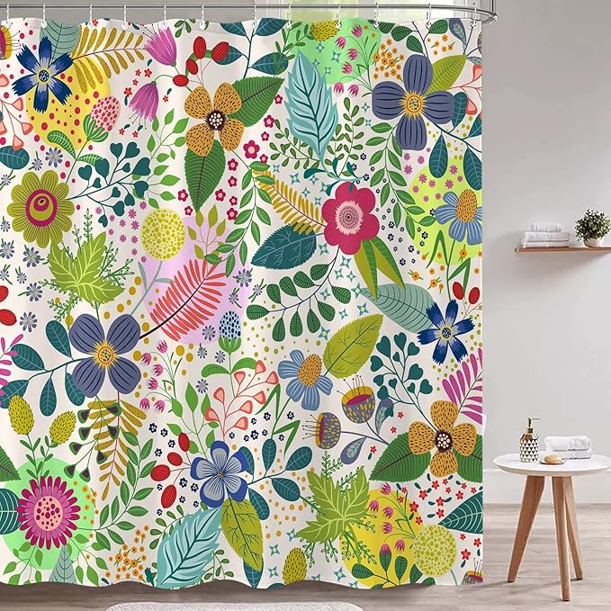 Aipon Colorful Floral Shower Curtain Boho Flower Green Leaf Shower Curtains for Bathroom Spring Wildflower Botanical Plant Bohemian Waterproof Fabric Bath Curtain Decor 72 X 72 Inches
