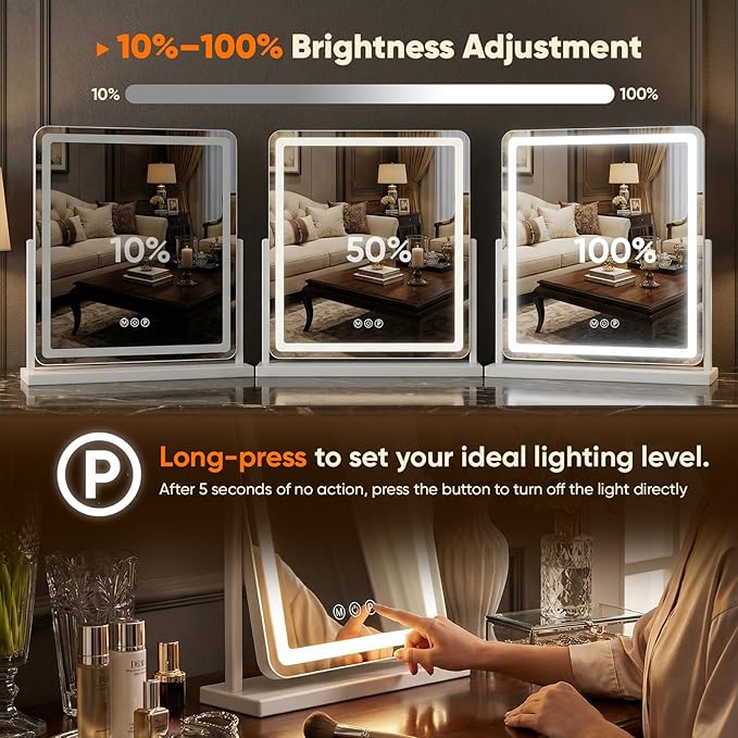 Antok Vanity Mirror with Lights, 24"X20" Lighted Makeup Mirror, Smart Touch, 3 Color Modes and Brightness Adjustable, LED Vanity Mirror with Detachable 10X Magnification, 360° Rotation for Makeup Desk
