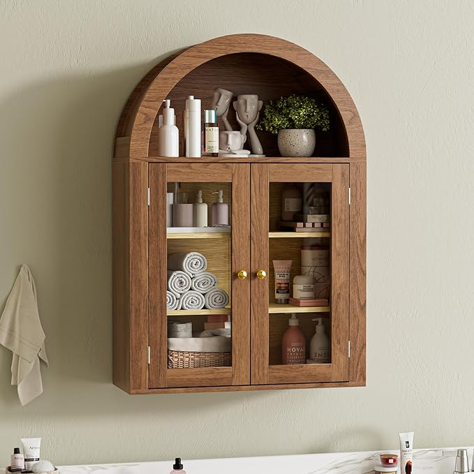 BREEZEHEAT Arched Medicine Cabinet with Glass Doors, Adjustable Shelf, Wall Mounted Bathroom Storage Cabinet Over Toilet, Walnut Wood Grain, 23.6''W × 31.5''H