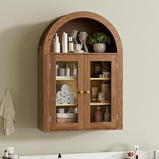 BREEZEHEAT Arched Medicine Cabinet with Glass Doors, Adjustable Shelf, Wall Mounted Bathroom Storage Cabinet Over Toilet, Walnut Wood Grain, 23.6''W × 31.5''H