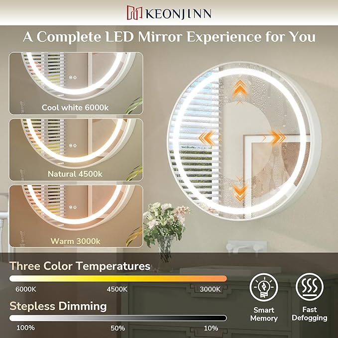 Keonjinn Round LED Medicine Cabinet 24 Inch, White Lighted Medicine Cabinet for Bathroom with Mirror, Circle, Electrical Outlet, 3 Color Lights, Anti-Fog, Dimmable, Surface Mount Only