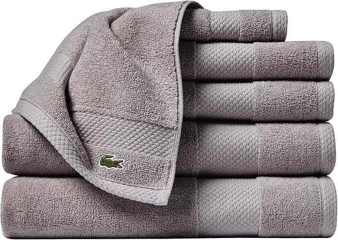 Lacoste Heritage Anti-Microbial Supima Cotton 6-Piece Towel Set, 2 Bath Towels, 2 Hand Towels, 2 Washcloths, Meteorite – Highly Absorbent & Quick Drying, Bathroom Essential, Machine Washable