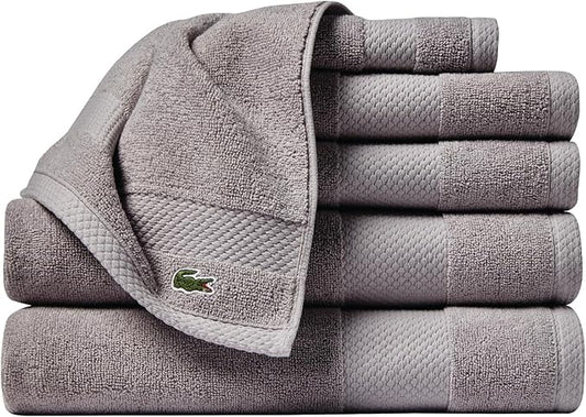 Lacoste Heritage Anti-Microbial Supima Cotton 6-Piece Towel Set, 2 Bath Towels, 2 Hand Towels, 2 Washcloths, Meteorite – Highly Absorbent & Quick Drying, Bathroom Essential, Machine Washable