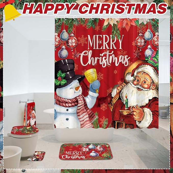 FuWeave 8 Pcs Christmas Shower Curtain Set Xmas Santa Bathroom Decoration Christmas Tree Hand Towels Snowman Toilet Lid Cover Bathroom Rugs Xmas Shower Curtain with Hooks(Snowman Style)