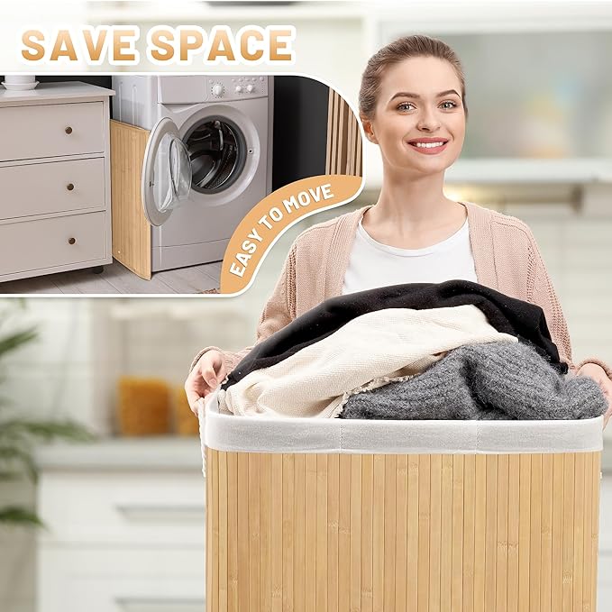 Aliphon 150L Laundry Hamper with lid, 3-Section Clothes Laundry Basket with Handles, Large Collapsible Bamboo Baskets for Bedroom, Bathroom, Dorm, Natural Beige