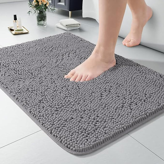 LOCHAS Luxury Bathroom Rug Shaggy Bath Mat 20 x 30 Inch, Washable Non Slip Bath Rugs for Bathroom Shower, Soft Plush Chenille Absorbent Carpets Mats, Gray