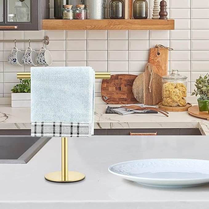 Elibbren Bath Hand Towel Holder Standing, Stainless Steel Golden Towel Bar Rack Stand for Bathroom and Kitchen Vanity Countertop, Modern Towel Holder，1 Pack