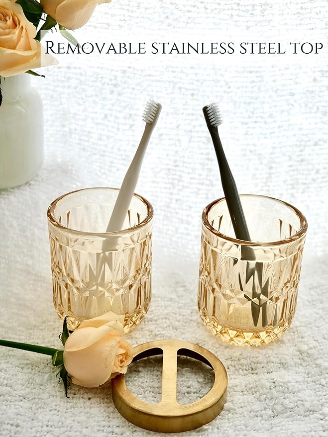 LaMarriti Clear Gold Bathroom Accessorries Set, 5Pcs Glass Bathroom Accessories, Lotion Soap Dispenser, Toothbrush Holder Set, Soap Dish, Tumbler, Qtips Holder for Bathroom Vanity Decor, Yellow Gold