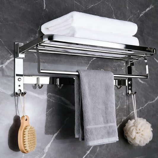 24" Double Towel Rack with 7 Hooks, SUS304 Stainless Steel Towel Bar Towel Rack with Shelf, 90° Foldable Towel Holder, for Bathroom Wall Mounted.（Mirror Polished Silver）