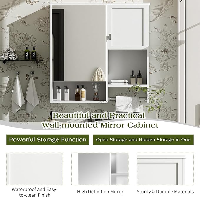 Merax Medicine Cabinet for Bathroom, Wall Mount Bathroom Cabinet with Mirror, Open Shelf, and Towel Bar, 29.5" W x 28.7" H Over The Toilet Mirrored Bath Wall Cabinet