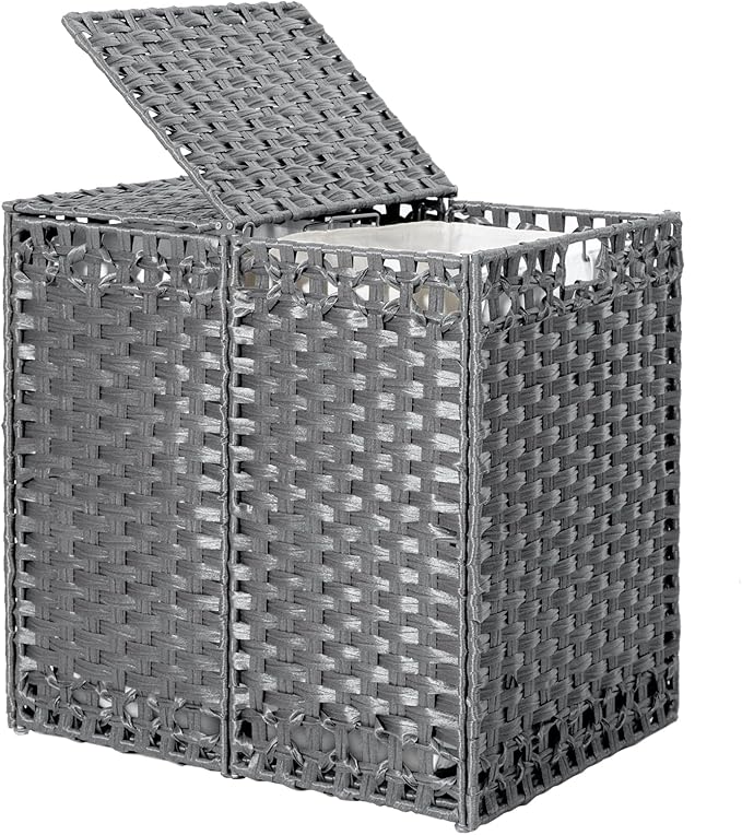 170L Foldable Laundry Hamper with Lid - Handwoven Rattan Storage Basket, 2-Section Clothes Hamper w/2 Removable Liner Bags, Easy Assembly, Portable for Bedroom Bathroom Dorm,Grey