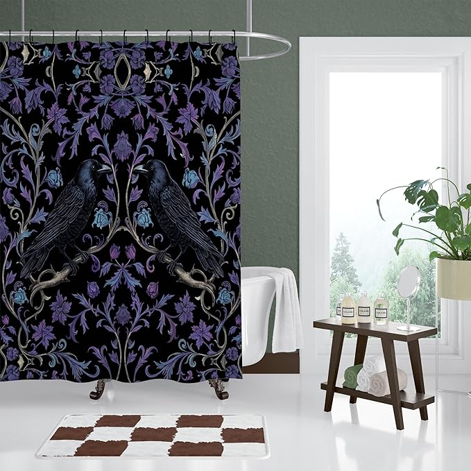 Gothic Black and Purple Crow Shower Curtain,Witchy Raven and Flower Shower Curtains Waterproof Polyester,Funny Dark Academia Floral Bathroom Decor Accessories,72x72 in