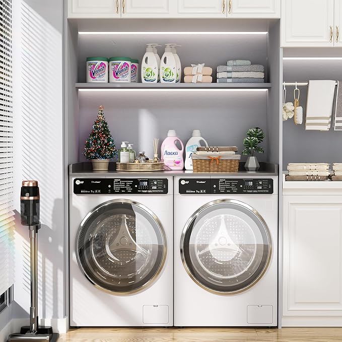 Aheaplus Washer and Dryer Countertop, Laundry Room Organization with Non-Slip Pads, Wood Shelf Topper with Round Corner Edge Rails, Folding Organizer for Laundry Storage, 54" W x 27.5" D, Grey