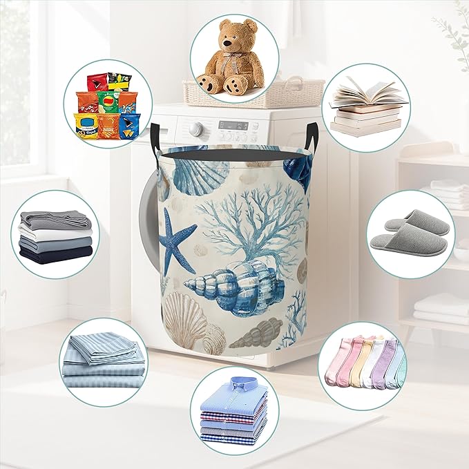 Laundry Basket With Handle, Dirty Clothes Laundry Hamper, Oxford Cloth Bin Storage Organizer for Toy Collection (Starfish Shells Summer)