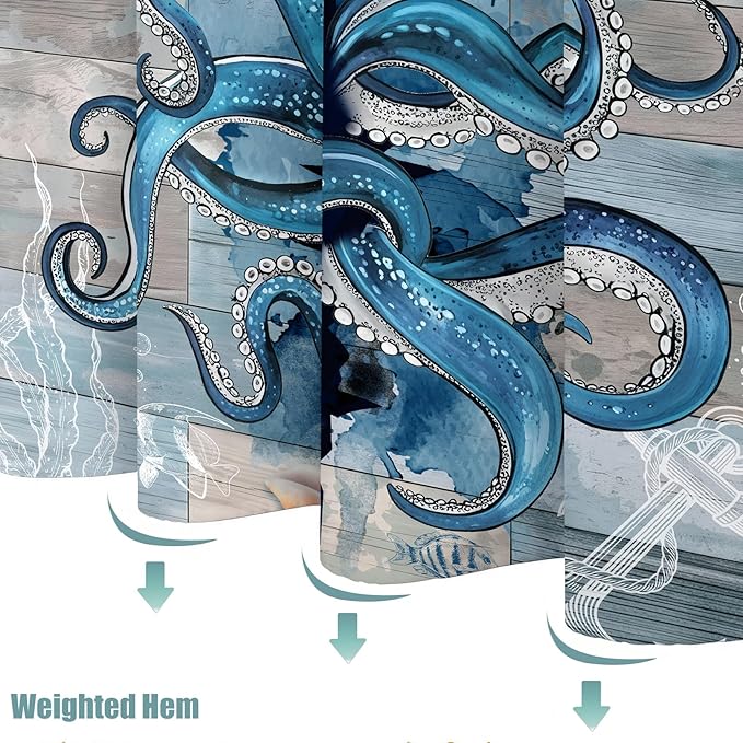 Accnicc Navy Blue Octopus Shower Curtain Funny Ocean Nautical Kraken Seashell Starfish Shower Curtains for Bathroom Beach Coastal Wooden Cool Unique Waterproof Fabric Bath Curtain Decor 72 X 72 Inch