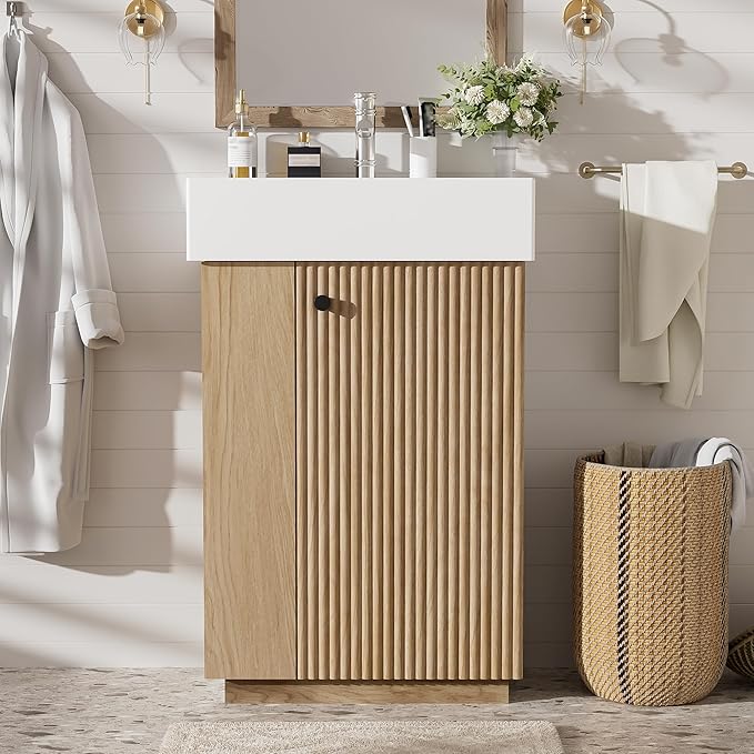 Virubi 21.6" Small Fluted Bathroom Vanity with Sink,Soft Closing Doors and Storage Shelves,Natural Wood Single Bathroom Sink Cabinet Combo Freestanding, Natural Wood