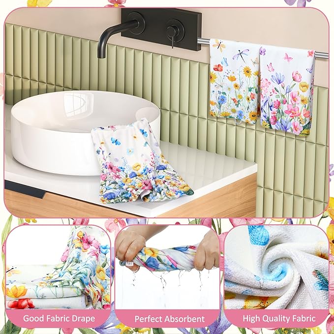 Tatuo 8 Pcs Spring Wildflower Shower Curtain Set Watercolor Floral Bathroom Accessories Decor Farmhouse Plants Butterfly Waterproof Shower Curtain with Towels Carpet Bath Mat Toilet Rugs and 12 Hooks