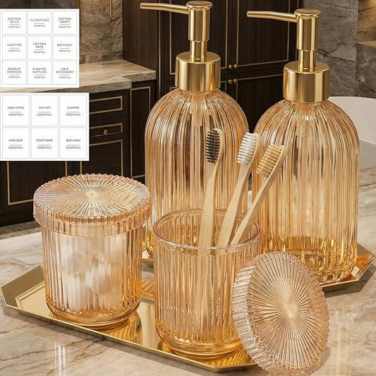 Yaomiao 7 Pack Amber Glass Bathroom Accessories Set, 2 Pcs Cotton Swabs Jar with Lids, 2 Pcs 18 oz Soap Dispenser with Pump and 2 Trays and Labels for Bathroom Kitchen Counter Organizer Vintage Gift