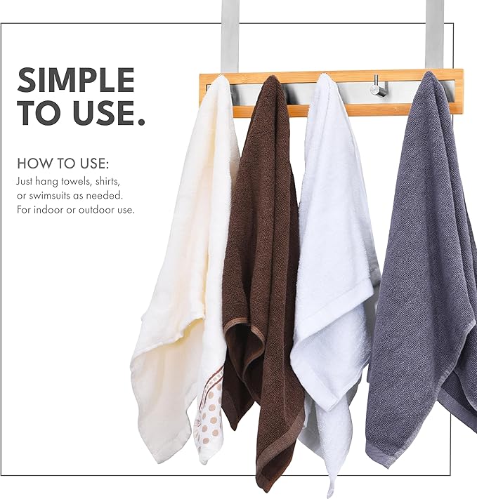 ToiletTree Products Bamboo Stainless Steel Over-the-Door Towel Hooks - Durable Coat, Clothes, and Towel Rack to Use in the Bathroom, Laundry Room, and Closet - 5 Hooks
