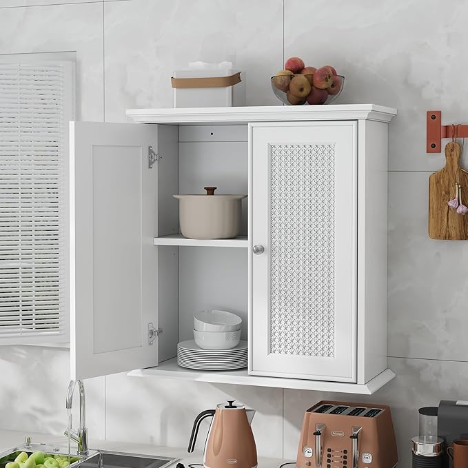 Smuxee White Bathroom Medicine Cabinet, Wall Mounted with Rattan Doors, 22.1" W x 23.6" H x 8.6" D, Adjustable Shelves, Wall Cabinet Over Toilet for Laundry Room Kitchen
