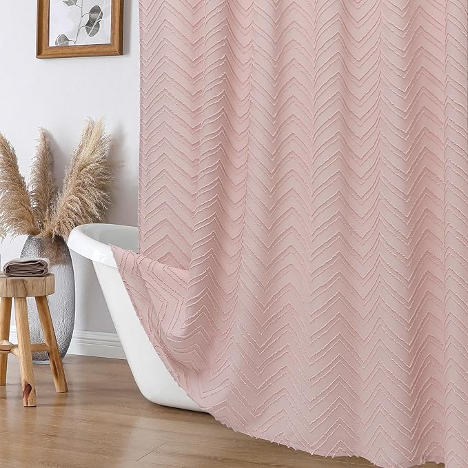 OVZME Blush Pink Small Shower Curtain for Bathroom, Modern Farmhouse Boho Textured Tufted Chevron Striped Bathroom Shower Curtain, Protect Privacy Bath Decor, 36Wx72L Inches