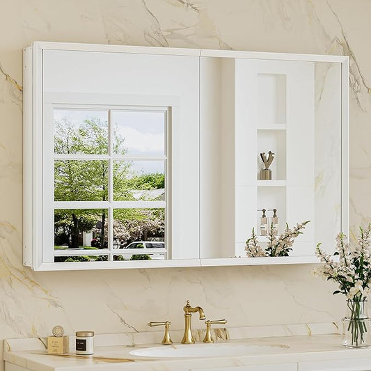 TokeShimi 40 x 26 White Recessed Medicine Cabinet with Mirror, Assembly Required, Bathroom Medicine Cabinet with Mirror, Stepless Adjustable Shelves, Beveled Aluminum Frame, DTC Hinge