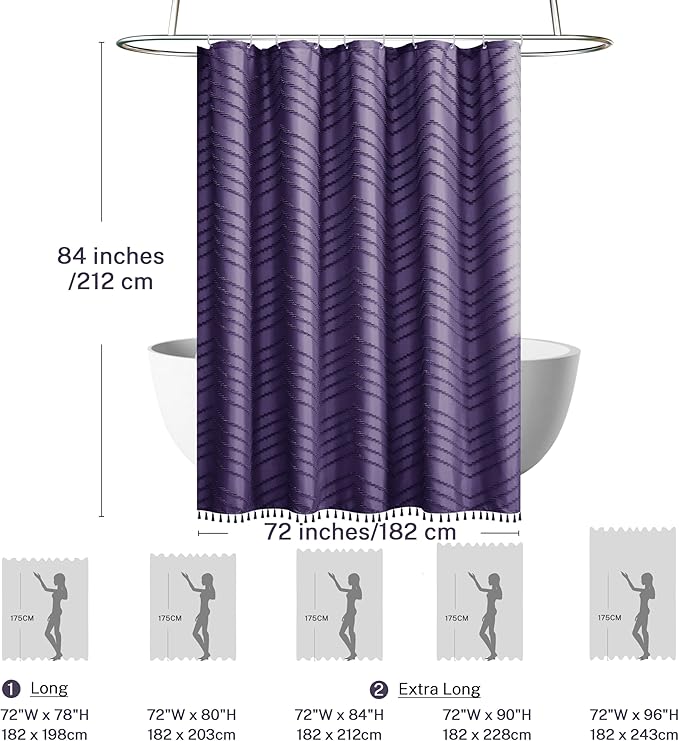Extra Long Boho Shower Curtain, Woven Fabric 84 in Dark Purple, 72 x 84, Tufted Chevron Striped Modern Chic Textured Minimalist Bathroom Shower Curtain