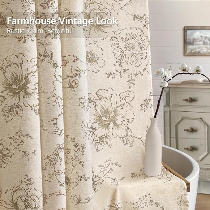 Farmhouse Floral Linen Shower Curtain, Vintage Beige Pattern Rustic Shower Curtains for Bathroom, Tan Taupe,72x78