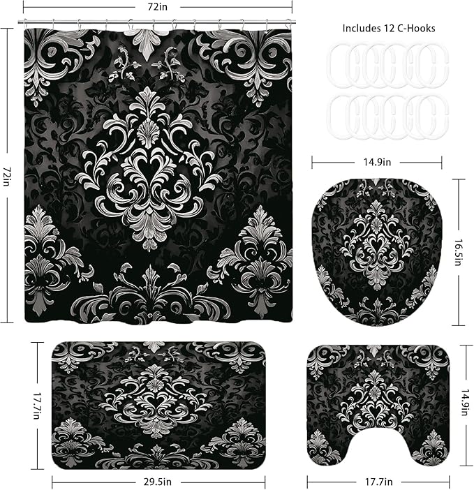 NBVKO 4Pcs Luxury Damascus White Flower Pattern Shower Curtain Set with 12 Hooks Non-Slip Rugs,Toilet Lid Cover and Bath Mat,Dark Gold Bathroom Decor for Hotel & Home Bathroom