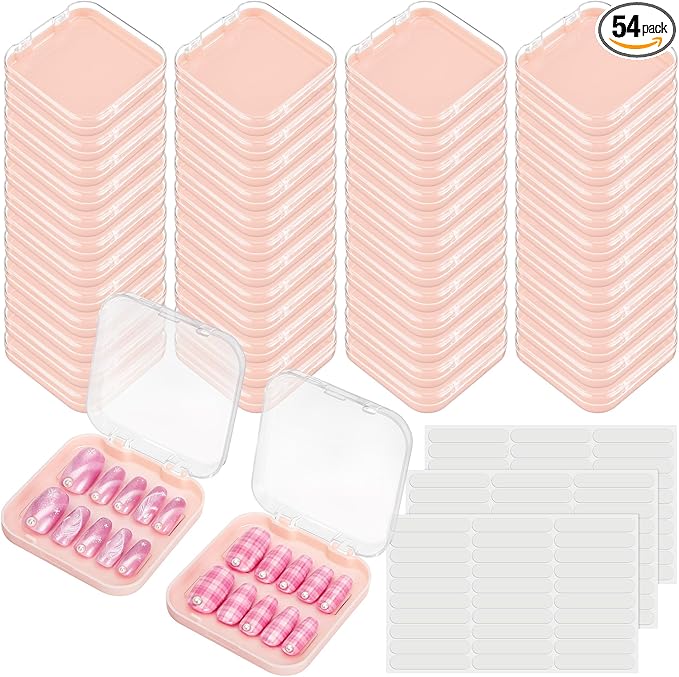 AceOrbit 48 Pcs Press on Nail Boxes with 180 Pcs Adhesive Double Sided Tape Acrylic Press on Nail Packaging Cases Pink Transparent Storage Case Organizer for Display Art Salon Supplies