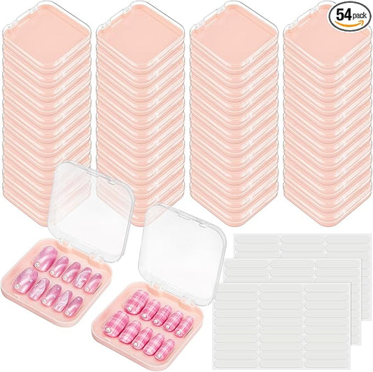 AceOrbit 48 Pcs Press on Nail Boxes with 180 Pcs Adhesive Double Sided Tape Acrylic Press on Nail Packaging Cases Pink Transparent Storage Case Organizer for Display Art Salon Supplies
