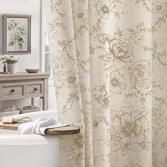 Farmhouse Floral Linen Shower Curtain, Vintage Beige Pattern Rustic Shower Curtains for Bathroom, Tan Taupe,72x84