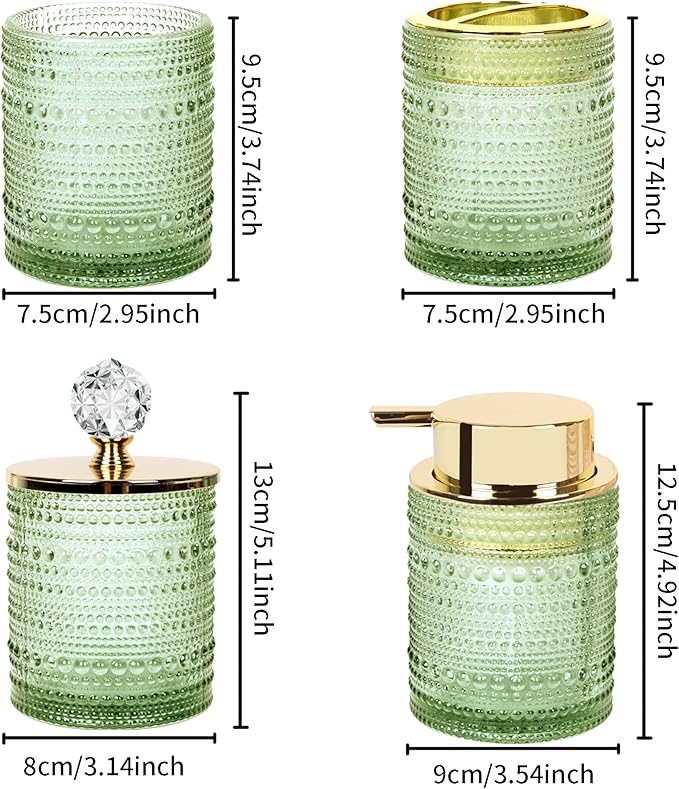 FEILANDUO Bathroom Accessories Set,4Pcs Glass Bathroom Accessories,Vanity Bathroom Decor, Soap Dispenser, Toothbrush Holder Set, Apothecary Jar, Gift for Home Apartment (Green A)