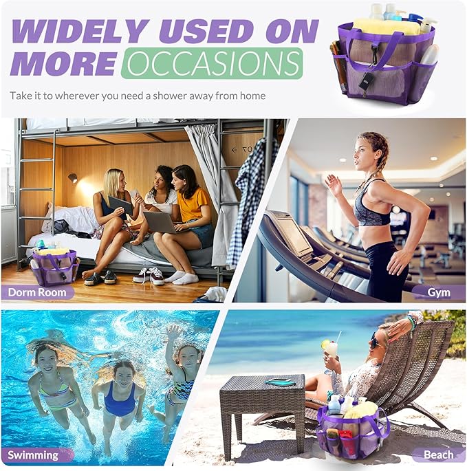 LOYEE Mesh Shower Caddy Portable for College Dorm Room Essentials with 8 Pockets, Shower Bag for Beach, Swimming, Gym, Travel, Bathroom(All purple)