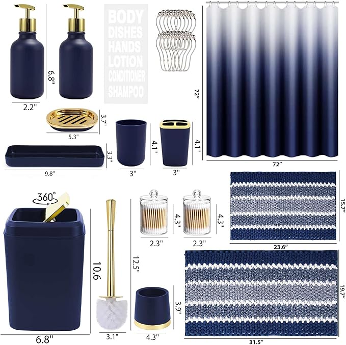 XLHOMO 25PCS Navy Blue Bathroom Accessories Sets Complete, with Shower Curtain, Rugs, Trash Can and Toilet Brush, Soap Dispenser, Toothbrush Holder and Cup, Soap Dish, Qtip Holder, Bathroom Decor Sets
