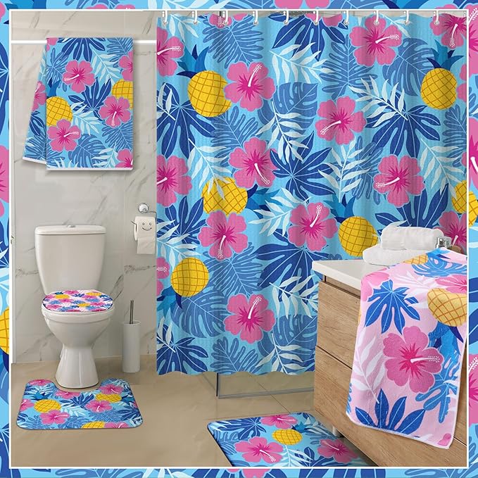 Nuanchu 6 Pcs Hawaiian Shower Curtain Set with Rug Blue Pink Flower Hibiscus Bathroom Sets with Shower Curtain Bath Mat U Shaped Mat Toilet Lid Cover 2 Bath Towels and 12 Hooks Hawaiian Bathroom Decor