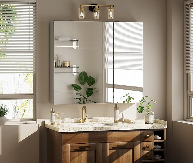 Bathroom Medicine Cabinet with Mirror, 30 Inch x 26 Inch Bathroom Mirror Cabinet with Double Door & Adjustable Shelves, Surface Mount or Recess Installation