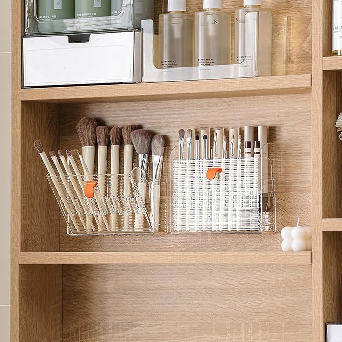MORNITE Wall-Mounted Makeup Eyeliner Lip Liner Organizer Holder, 16-Slot Cabinet Storage for Brush, Makeup Pencils, Concealer Pencil Display Case for Vanity Bathroom, Clear